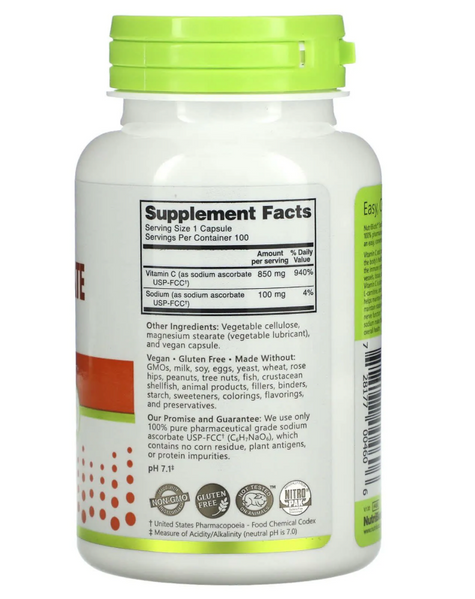 Аскорбат натрію, Sodium Ascorbate, NutriBiotic, для підвищення імунітету, 100 веганських капсул c-2204 фото