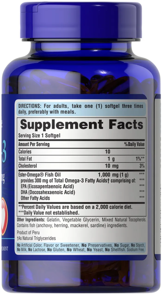 Омега-3 риб'ячий жир, Omega-3 Fish Oil, Puritan's Pride, 1000 мг, 300 мг активного, 100 гелевих капсул 0103 фото