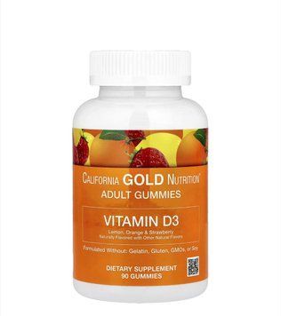 California Gold Nutrition, жувальний вітамін D3, зі смаками лимона, апельсина та полуниці, 90 жувальних мармеладок (25 мкг (1000 МО) в 1 шт.) 243 фото