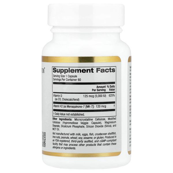 California Gold Nutrition, вітаміни D3 й K2 у формі MK-7, 60 рослинних капсул 400 фото