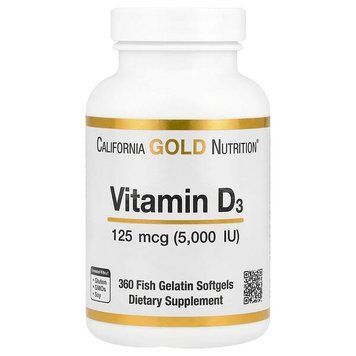 California Gold Nutrition, вітамін D3, 125 мкг (5000 МО), 360 капсул з риб&rsquo;ячого желатину 402 фото